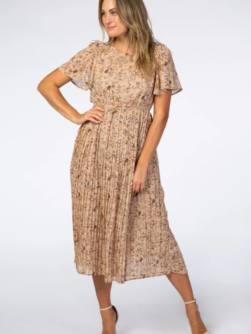 Hayden Women’s Medium Beige Floral Pleated Midi Dress (can be maternity)